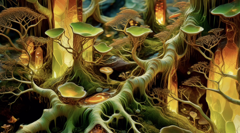Trippy psychedelic art showing underground canopy of roots glowing with fractal light